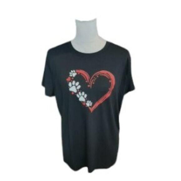 Heart Shaped Paw Print in Black Short Sleeve Tee Shirt with White & Red Heart - Picture 1 of 3